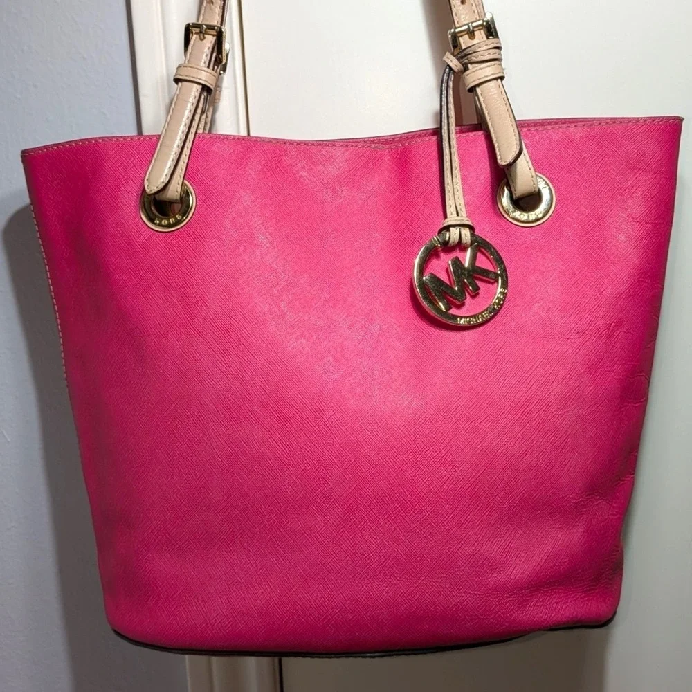 Michael Kors Tote Bag Hot Pink Tan Coated Canvas Leather Handles Jet Set Purse